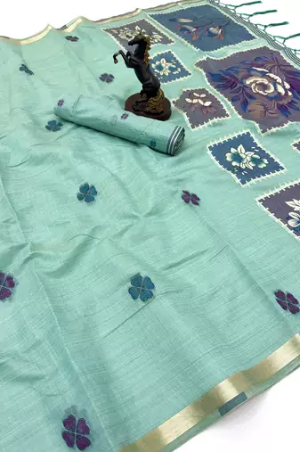 aqua blue floral muga cotton blend jamdani saree with blouse