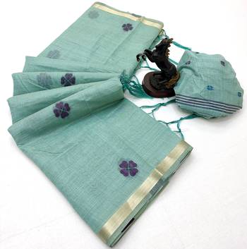 aqua blue floral muga cotton blend jamdani saree with blouse 5