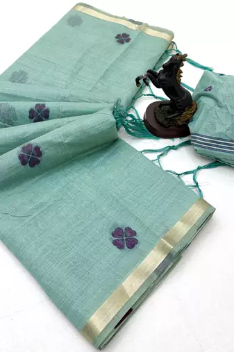 aqua blue floral muga cotton blend jamdani saree with blouse