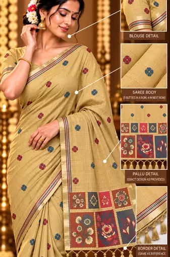 beige floral muga cotton blend jamdani saree with blouse