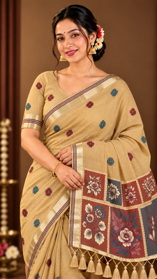 beige floral muga cotton blend jamdani saree with blouse 1