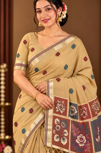beige floral muga cotton blend jamdani saree with blouse