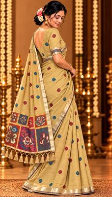 beige floral muga cotton blend jamdani saree with blouse 3