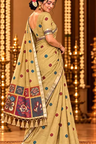 beige floral muga cotton blend jamdani saree with blouse
