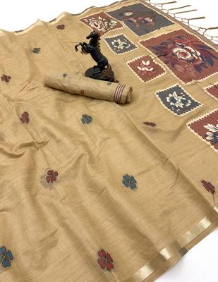 beige floral muga cotton blend jamdani saree with blouse 4