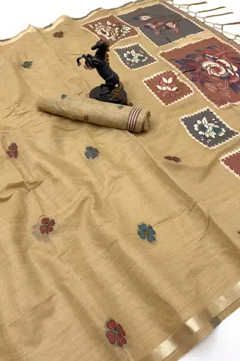beige floral muga cotton blend jamdani saree with blouse