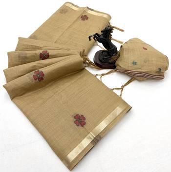 beige floral muga cotton blend jamdani saree with blouse 5