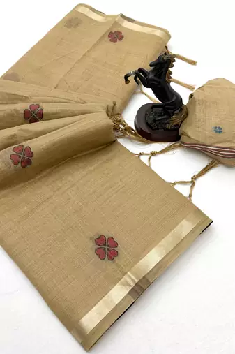 beige floral muga cotton blend jamdani saree with blouse