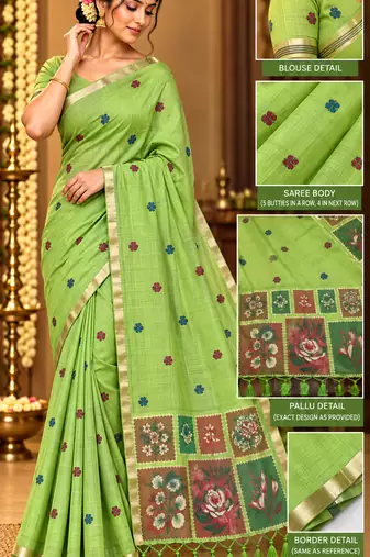 green floral muga cotton blend jamdani saree with blouse