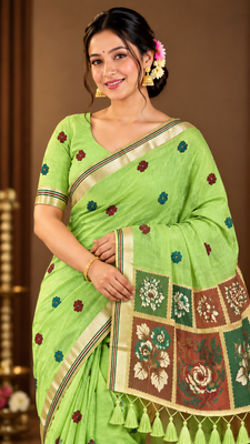 green floral muga cotton blend jamdani saree with blouse 1