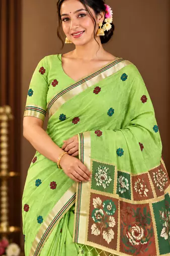 green floral muga cotton blend jamdani saree with blouse