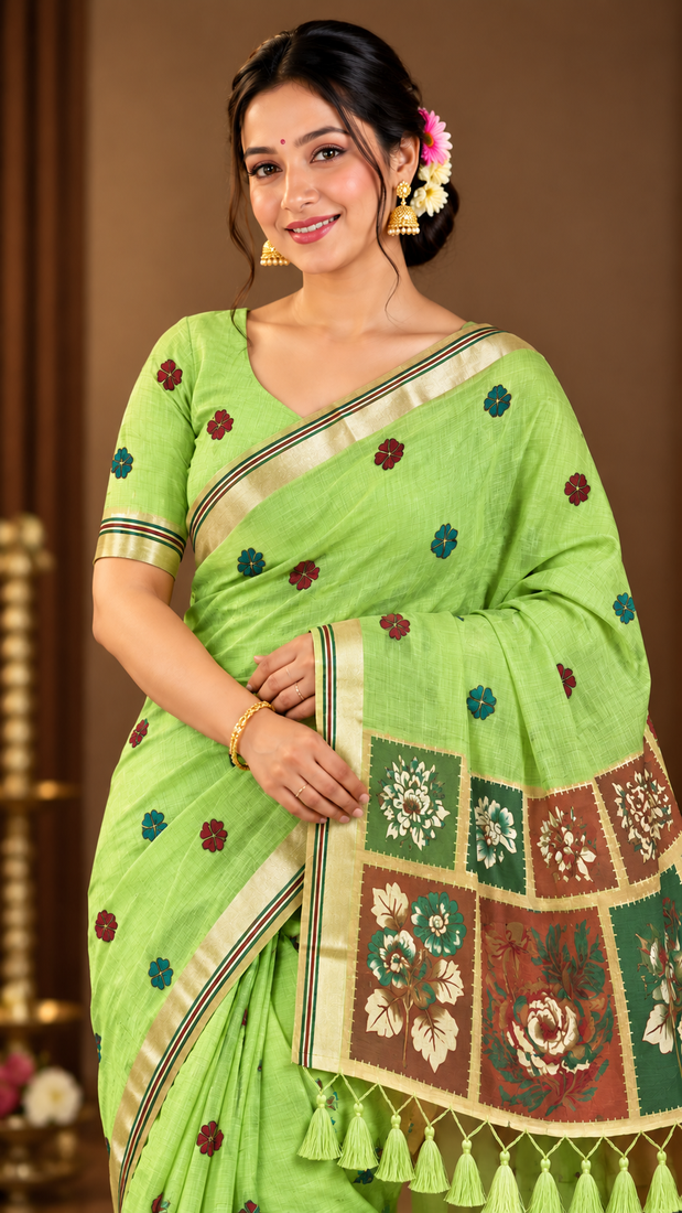 green floral muga cotton blend jamdani saree with blouse