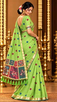 green floral muga cotton blend jamdani saree with blouse 3