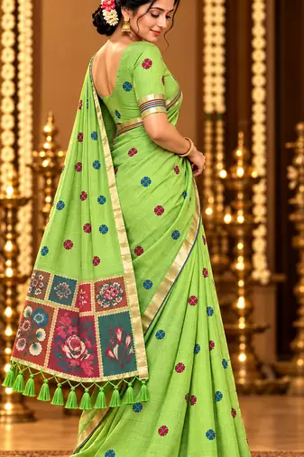 green floral muga cotton blend jamdani saree with blouse