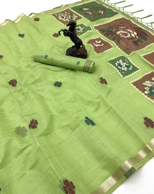 green floral muga cotton blend jamdani saree with blouse 4