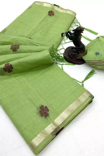 green floral muga cotton blend jamdani saree with blouse