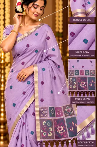 lavender floral muga cotton blend jamdani saree with blouse