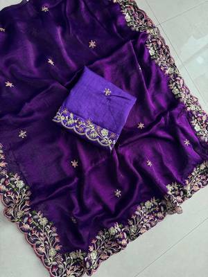 Beautiful purple cut work border fancy saree with embroidered blouse 2