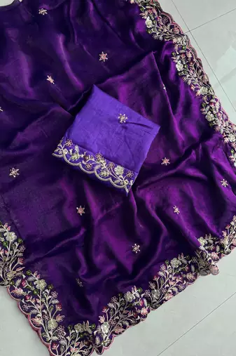 Beautiful purple cut work border fancy saree with embroidered blouse
