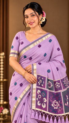 lavender floral muga cotton blend jamdani saree with blouse 1