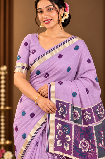 lavender floral muga cotton blend jamdani saree with blouse