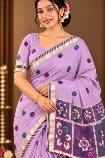 lavender floral muga cotton blend jamdani saree with blouse