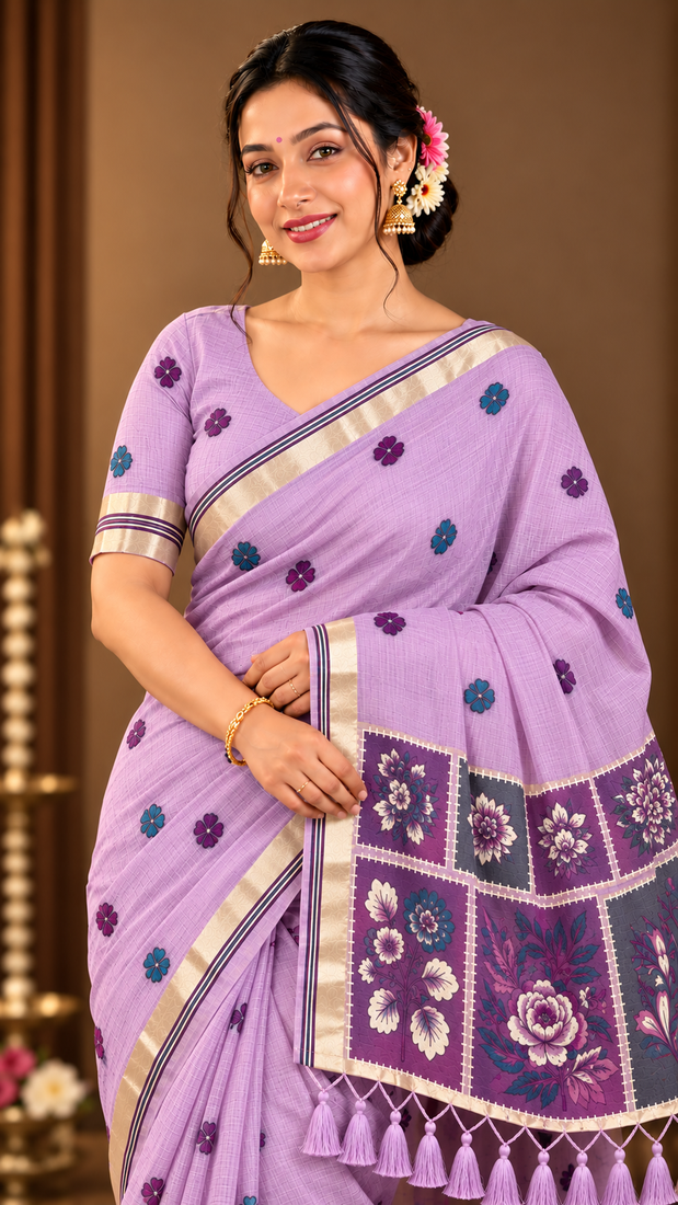 lavender floral muga cotton blend jamdani saree with blouse