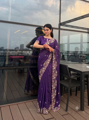 Beautiful purple cut work border fancy saree with embroidered blouse 3