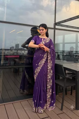 Beautiful purple cut work border fancy saree with embroidered blouse