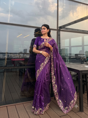 Beautiful purple cut work border fancy saree with embroidered blouse 1