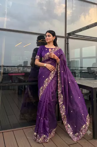 Beautiful purple cut work border fancy saree with embroidered blouse