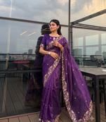 Beautiful purple cut work border fancy saree with embroidered blouse
