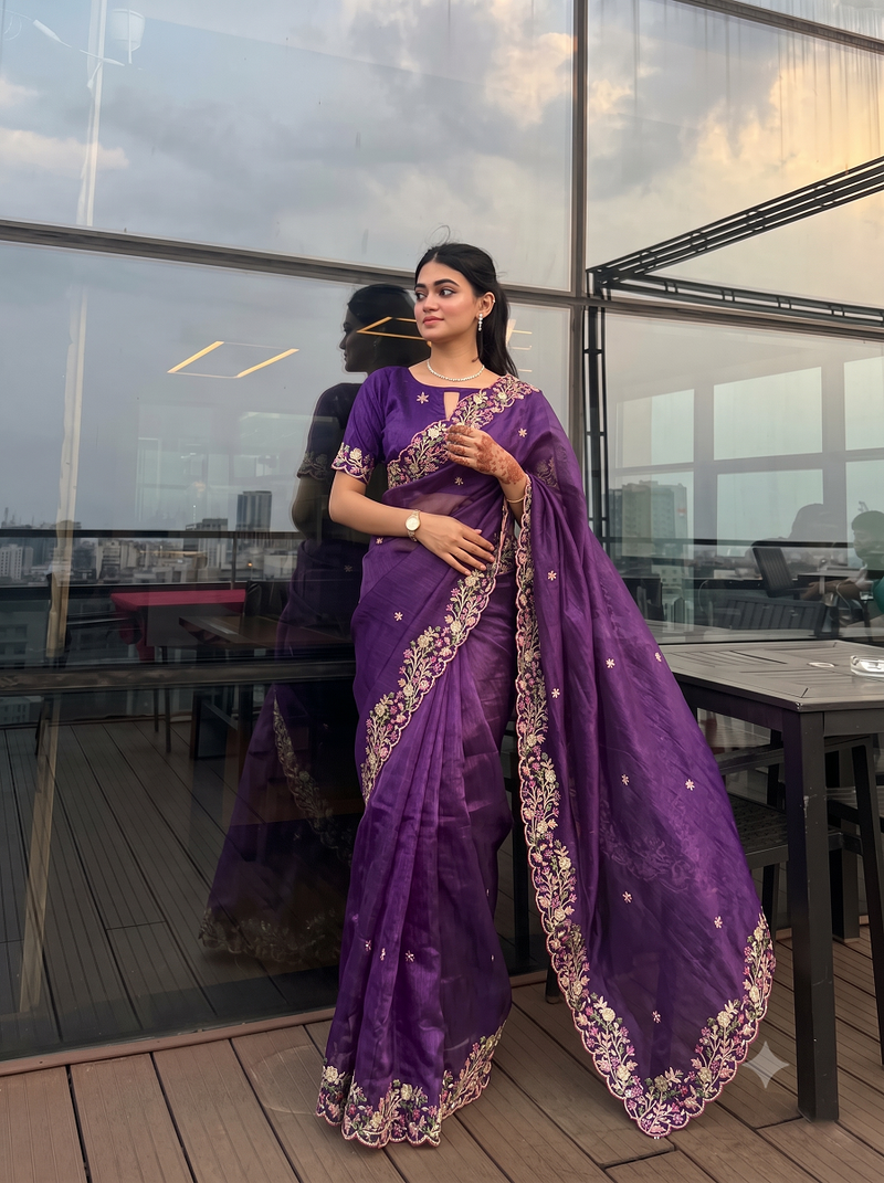 Beautiful purple cut work border fancy saree with embroidered blouse