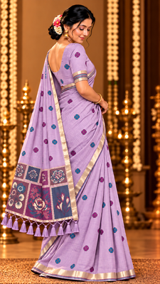 lavender floral muga cotton blend jamdani saree with blouse 3