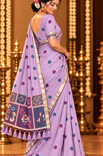 lavender floral muga cotton blend jamdani saree with blouse