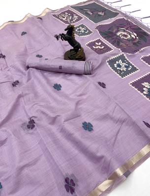 lavender floral muga cotton blend jamdani saree with blouse 4
