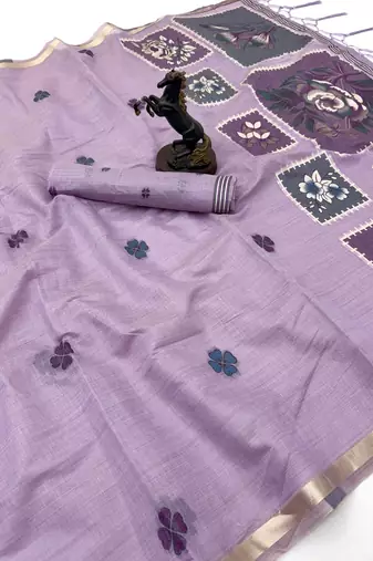 lavender floral muga cotton blend jamdani saree with blouse