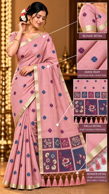 pink floral muga cotton blend jamdani saree with blouse 2