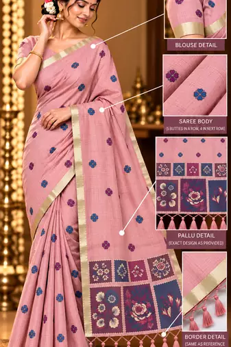 pink floral muga cotton blend jamdani saree with blouse