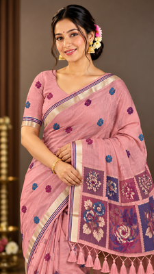 pink floral muga cotton blend jamdani saree with blouse 1