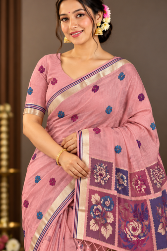 pink floral muga cotton blend jamdani saree with blouse
