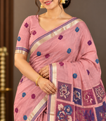 pink floral muga cotton blend jamdani saree with blouse