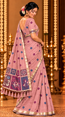 pink floral muga cotton blend jamdani saree with blouse 3