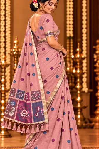 pink floral muga cotton blend jamdani saree with blouse
