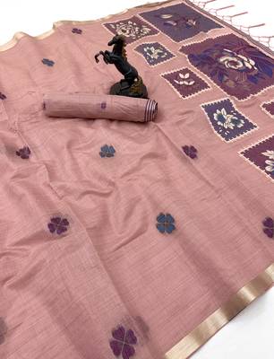 pink floral muga cotton blend jamdani saree with blouse 4
