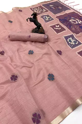 pink floral muga cotton blend jamdani saree with blouse