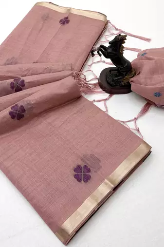 pink floral muga cotton blend jamdani saree with blouse