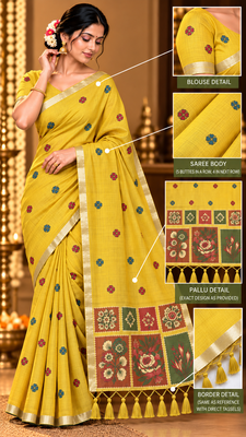 yellow floral muga cotton blend jamdani saree with blouse 2