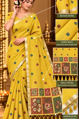 yellow floral muga cotton blend jamdani saree with blouse