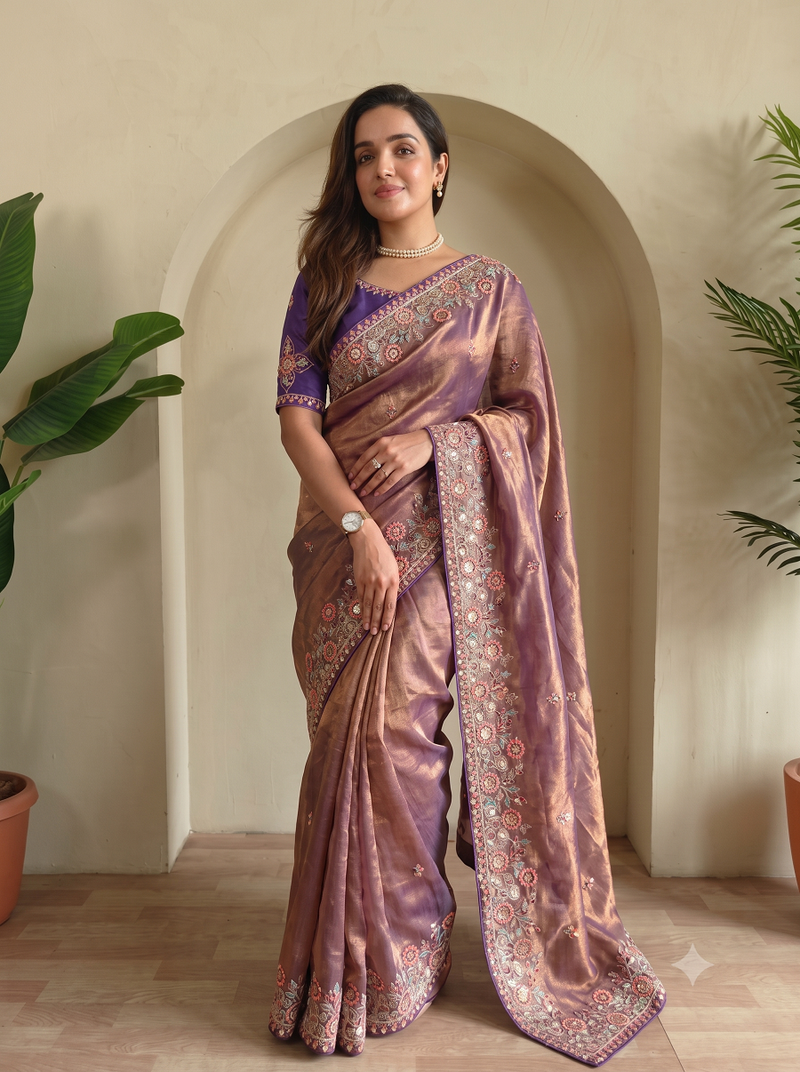 Woven design dual-tone party wear saree with cutwork embroidery detailing